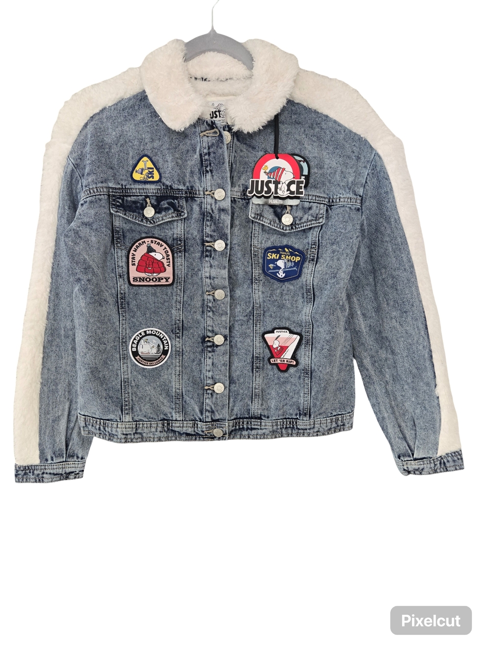 Justice Distressed Denim Jacket with Cream Sherpa Trim and Patches